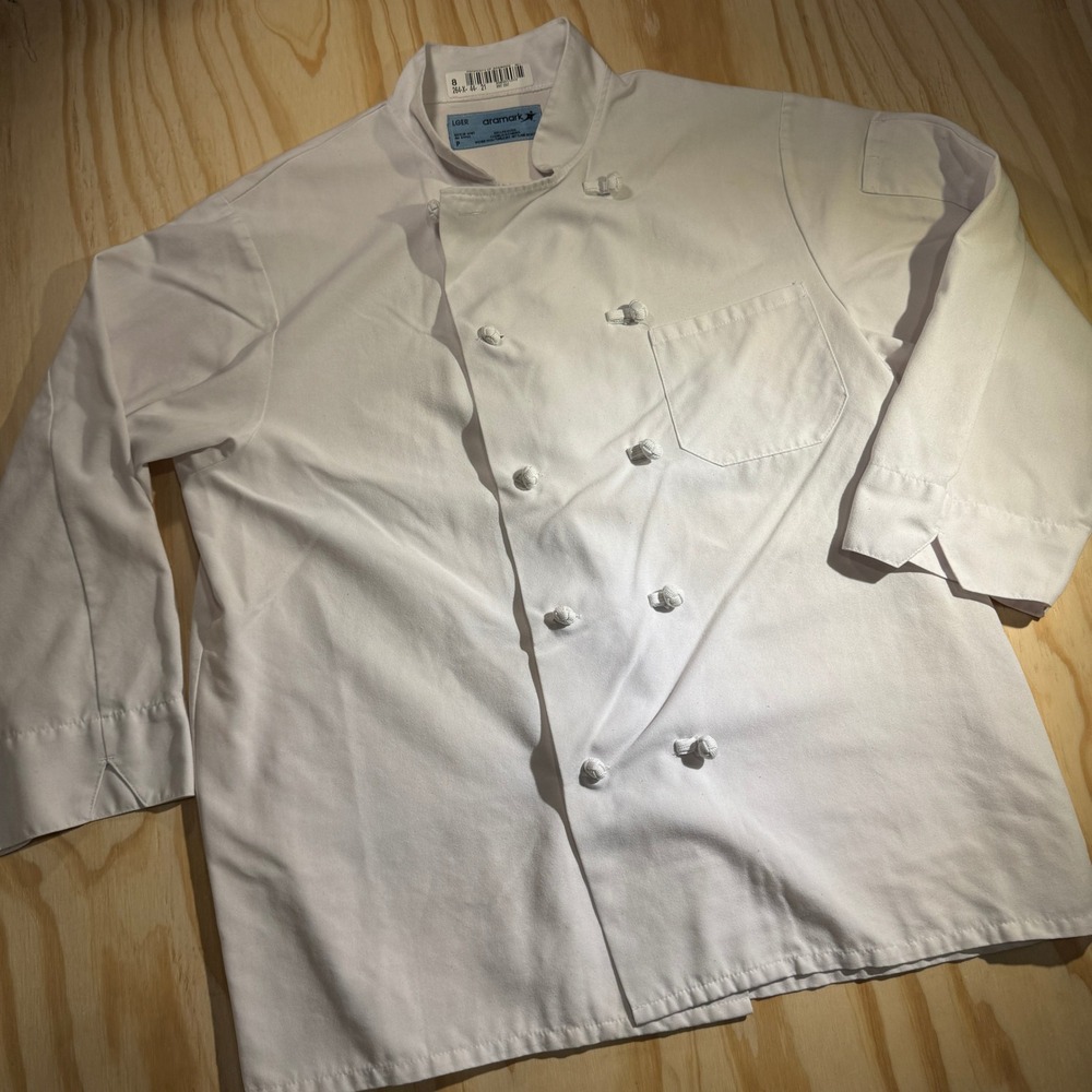 Aramark White Chef Coat Large Double Breasted Knot Button Long Sleeve